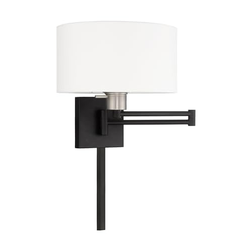 Image of Livex Lighting 40036-04 1-Light Swing Arm Wall Light, Black | Off-White Fabric Shade