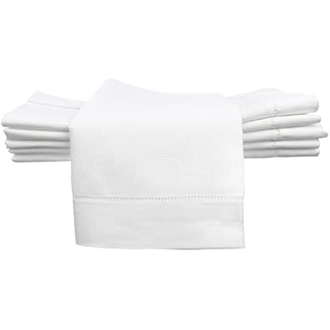 CleverDelights 20" White Hemstitch Dinner Napkins - 12 Pack - 55/45 Linen Cotton Blend Cover