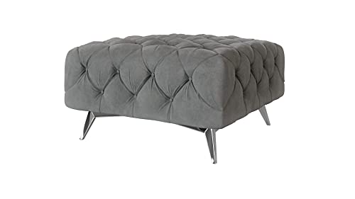 ROVERTI Royal Chesterfield Hocker hellgraue Asche, 80 x 45 x 80 cm - verchromte Füße, Fußablage, mit Wellfederung - Wildlederoptik Cover