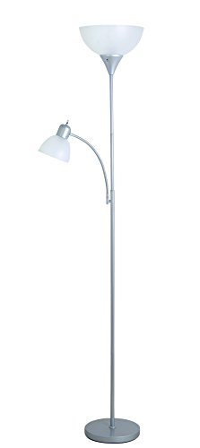 Catalina 17939-006 Traditional 3-Way Metal Torchiere Floor Lamp with White Plastic Shade and Reading Light, Silver Classic