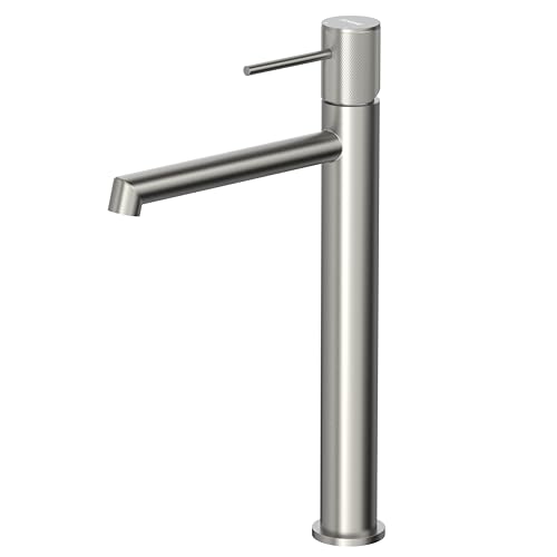 Krobec Mitigeur Lavabo Haut, Robinet Salle Bain, Mitigeur pour Vasque a Poser, Robinet de Lavabo Haut Salle de Bains en Acier Inoxydable, Hauteur de Bec de 250mm,Nickel brossé.