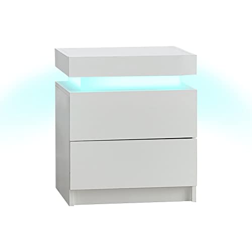 OFCASA Table de chevet à 2 tiroirs avec lumières LED sur le dessus - Blanc brillant et mat - Table de chevet en bois pour chambre à coucher