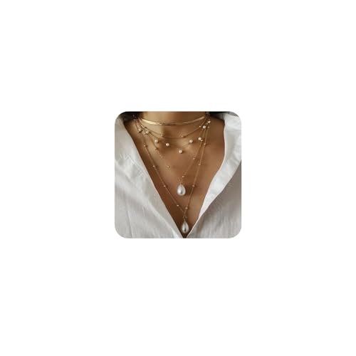 Boho 5 Tier Gold Punk Chain Layered Necklace Dainty Pearls Pearls Pendant Long Choker Necklaces for Women