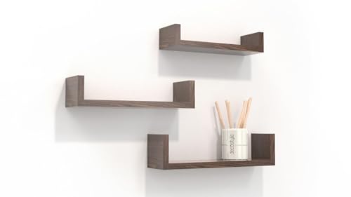 Image of Engineered Wood Wall Shelves for Living Room Wall Mounted Book Shelf,Hanging Shelf for Room,Wall & Home Decor Items | Storage Organizer U Shape Corner Wall Shelf | Set of 3 (Flowery Wenge)