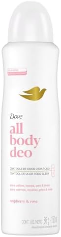 Embalagem branca do desodorante Dove All Body Framboesa e Rosa 150ml, com o logo da Dove e o nome do produto em destaque.