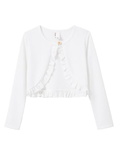 PATPAT Little Girls Cardigan Bolero Size 6-7 Years White Kids Open Front Knit Long Sleeve Button Closure Ruffle Cropped Cover Up Jacket Girl Tops