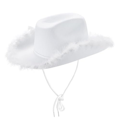 Kouoybt Women Cowboy Hats Cowgirl Hats for Women Men Fluffy Feather Brim Cowboy Hat for Costume Party Play Dress Up (White ONE Size)
