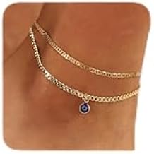 Ritach Ankle Bracelets for Women - Silver/Gold Plated Stainless Steel Anklets for Women Waterproof Layered Cuban Link Figaro Chain Heart Anklets Set Summer Beach Jewelry Gifts