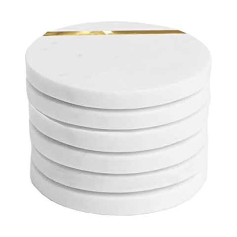 Lukeville Luxury Linen White Marble Coaster Set - 4 Inches Coasters Set of 6 - Drink Coasters Ceramic Coasters Table Coasters - Handmade Coaster for Mug Glass Drinks with Cork (Round with Brass) Cover