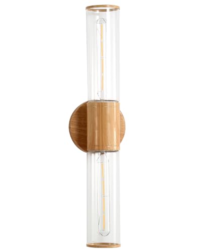 Image of Bathroom Vanity Lighting Fixture, 2-Light Wood Grain Wall Sconce Light Fixture with Clear Glass, E26 Socket Indoor Wall Lamp, Modern Wall Sconce for Mirror Living Room