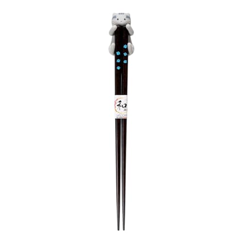 Japanese Wooden Chopsticks Set With Neko Cat Rest Set Gift Box Packaging (Sabatora (Gray))