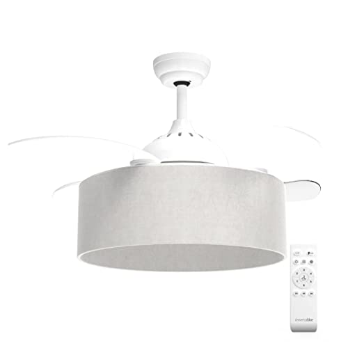 UNIVERSALBLUE Ventilador de Techo con Aspas Ocultables | Lámpara con Tulipa de tela | Motor DC | 6 Velocidades | Luz con 3 Tonos