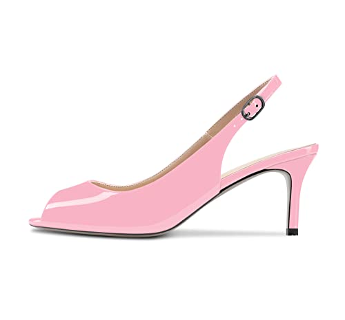 NobleOnly Womens Stiletto Mid Heel Peep Open Toe Sandals Slingback Ankle Strap Wedding Office Pumps Court Shoe 6.5 CM Heels Shoes Pink 8.5 UK