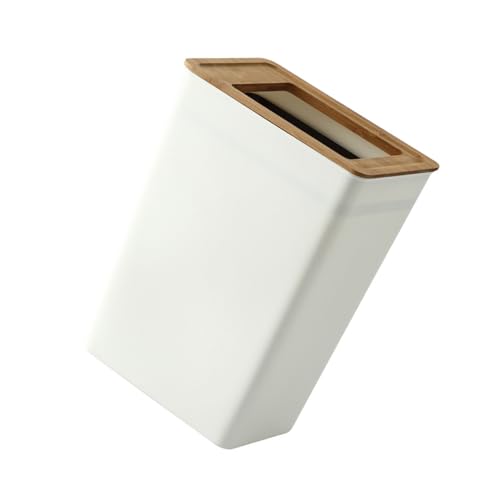 Bote de basura minimalista con tapa de madera blanco rectangular miniatura 1