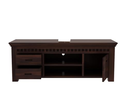 Image of Premium Solid Sheesham Wood TV Unit for Living Room: 2 Drawers, 2 Shelves, and 1-Door Storage - Accommodates up to 50-Inch TV (Lucas, Walnut Finish)