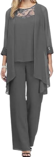 Las Mujeres de Tres Piezas de Gasa Camisa de Tul Vestido de Noche Conjunto de Fiesta de cóctel de celebración Conjunto de Pantalones Elegante Traje de Tres Piezas de la Vendimia (Gris,XXL)
