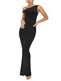 REORIA Women's Sexy Bodycon Maxi Dress One Shoulder Tight Ribbed Bodycon Long Dress 2025 Summer Cocktail Black Large