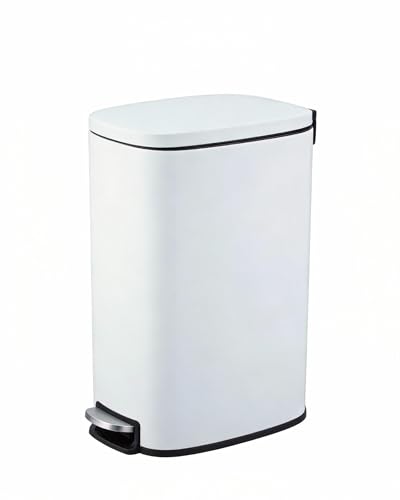 Image of GarveeHome 13 Gal Slim Trash Can, Step Garbage Can with Soft-Close Lid, Stainless Steel Recycling Bin Waste Container with Removable Inner Bucket for Kitchen, Bathroom, Office, White