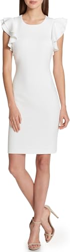 Image of Tommy Hilfiger Women's Sleeveless Ruffle Hem Jewel Neck Crepe Sheath Mini Dress