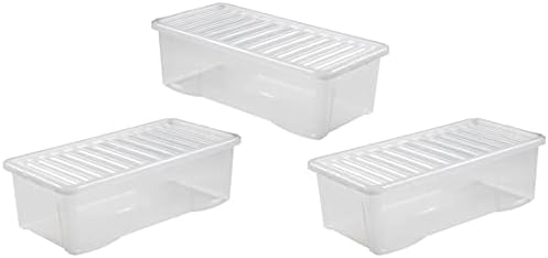 M1SS Set of 3 - Clear Crystal Plastic Storage Boxes With Lid Home Office Stackable Nestable Container Made in U.K (80 Litre)