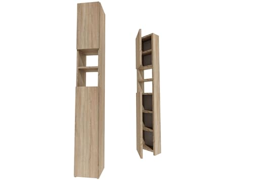CraftPAK Badezimmerschrank 24 cm Breit, Badschrank, Hochschrank 7 Fächer Verstellbar 2 Türen Badezimmermöbel Badmöbel Schmal Holz Braun