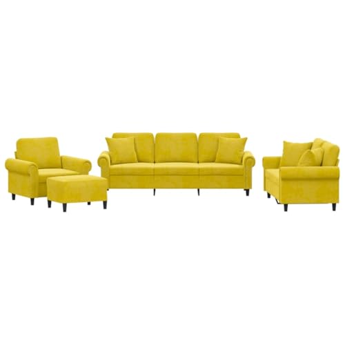 vidaXL Sofagarnitur 4-TLG., Sessel Couch mit Kissen Fußhocker, Sofa Wohnzimmersofa mit Armlehnen, Couchgarnitur Designsofa Sitzmöbel Polstermöbel, Gelb Samt