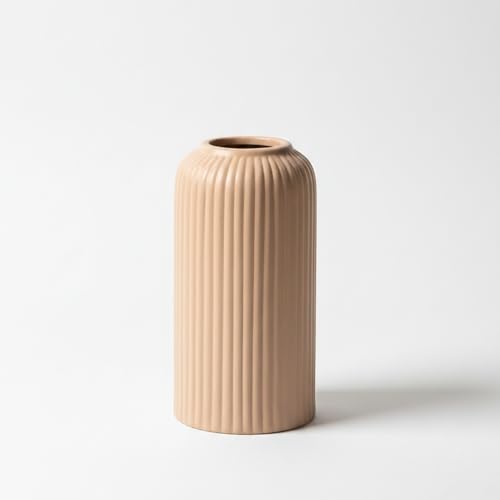 Image of KREATIVE ART'S Modern Ribbed Design Ceramic Flower Vase for Living Room, Flower Pots for Artificial Flower, Home Decoration Item, Home Decor, Vases for Living Room (Beidge, Small)