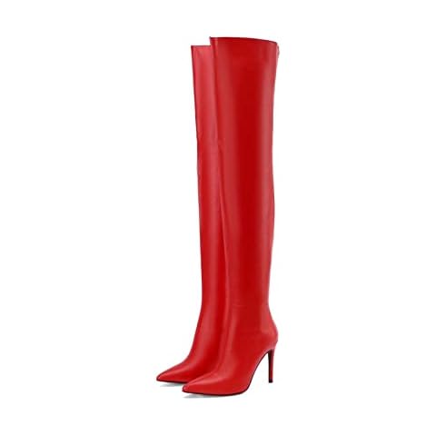 Frankie Hsu Women's Large Size Classic Pure Red Color Sexy Zip Pointed Toe Tights Kitten Heels Over Knee Thigh High Boots, Red, 9 UK Cover