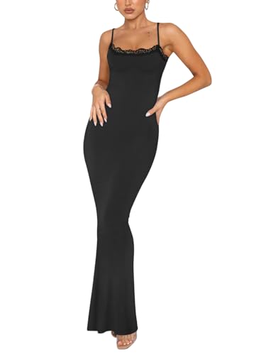 REORIA Women's Summer Lace Slip Lounge Long Dress Sexy Casual Elegant Backless Ribbed Bodycon Maxi Dresses