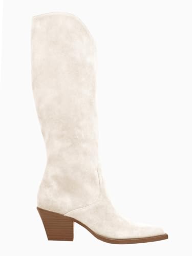 Image of Coutgo Womens Wide Calf Cowboy Boots Suede Knee High Chunky Heel Pointed Toe Western Cowgirl Boots