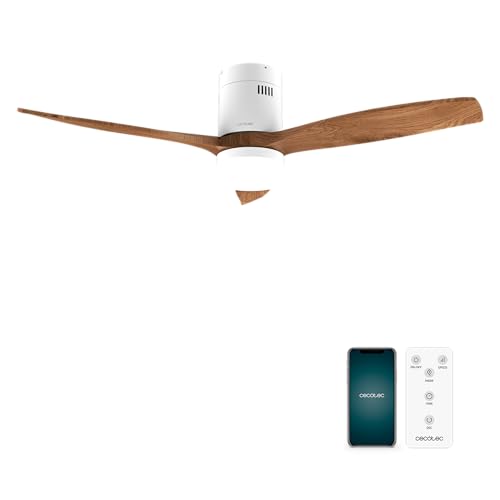 Cecotec Ventilador de Techo EnergySilence Aero 5600 Aqua WhiteDarkWood Connected,40 W y 52”,Wifi, Mando a distancia, protección IP44, luz, 6 velocidades, 3 aspas, modo winter-summer,temporizador 8h