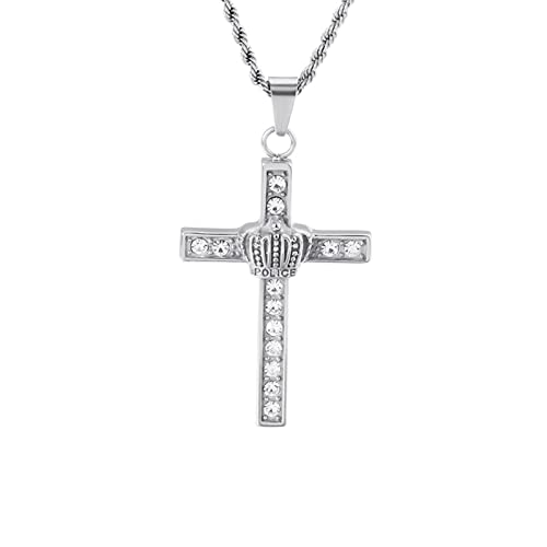 Collier croix homme acier avec pendentif couronne punk et pierres zircons noirs et or