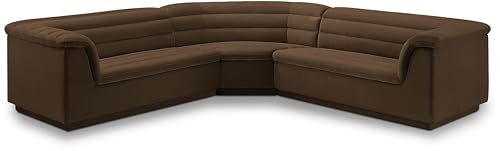 Meridian Furniture 194Brown-Sectional Cascade Collection Modern | Contemporary Modular Sectional with Soft Brown Velvet Fabric, Deep Channel Tufting, Curved Arms, 148" W x 80" D x 28" H, Brown