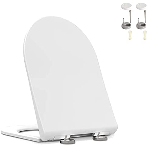 Soft Close Toilet Seat D-Shape, Bottom Fixing, Heavy Duty PP Material Anti-Bacterial Toilet Seats White with Adjustable Plastic Fixings, Toilet Lid Loo Seat