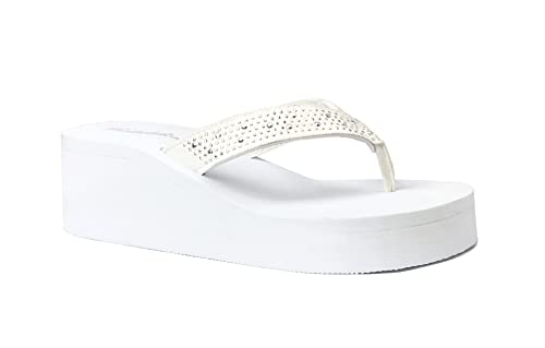 Image of REDVOLUTION New Women's Rhinestone Sandals Platform T-Strap Jewel Sandals High Wedge Flip Flops