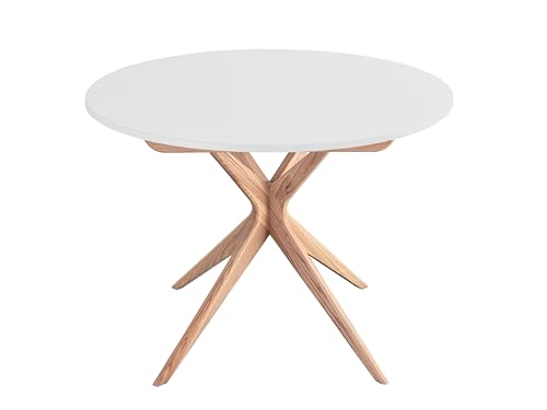 RAGABA Table à manger ronde extensible 100 cm Jubi en bois de frêne massif et MDF laminé et laqué, pieds en frêne, gris perle