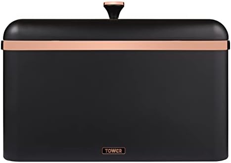TOWER T826130BLK Cavaletto Bread Bin Storage, Carbon Steel, Removable Lid, Black and Rose Gold