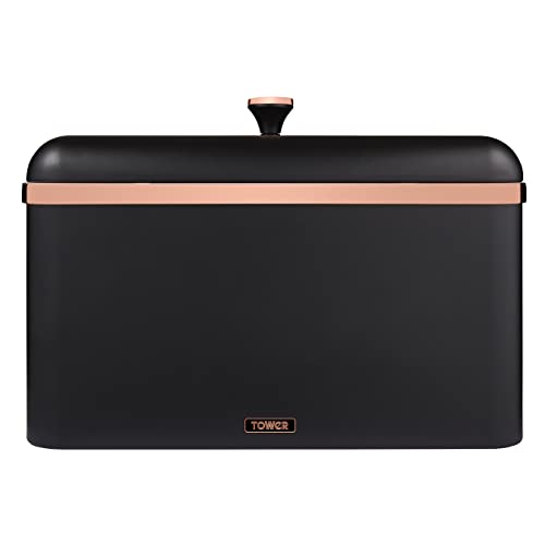 Tower T826130BLK Cavaletto Bread Bin Storage, Carbon Steel, Removable Lid, Black and Rose Gold
