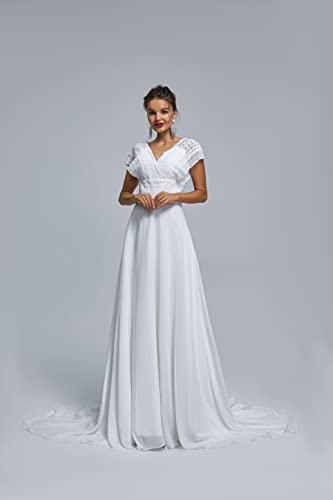 Image of Spaghetti Chiffon Beach Wedding Dress V Neck A line Bridal Gowns Lace Plus Size Wedding Dress