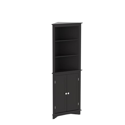 Spirich Home Tall Corner Cabinet with Two Doors and Three Tier Shelves, Free Standing Corner Storage Cabinet for Bathroom, Kitchen, Living Room or Bedroom, Espresso