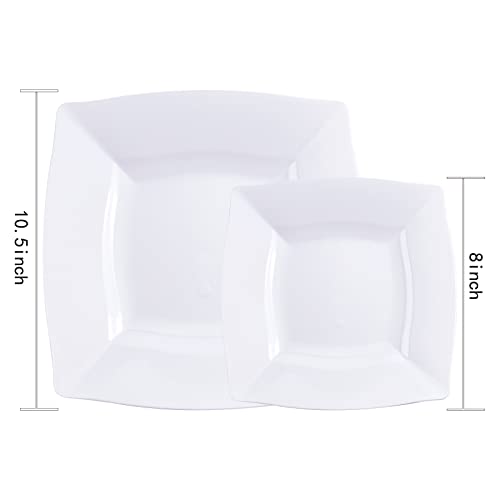 Morejoy 60 Pcs White Square Plastic Plates - White Disposable Dinner Plates 10.5" - Premium White Appetizer Plate - White Dessert/Salad Plate 9“ For Wedding Birthday Party #TOP5