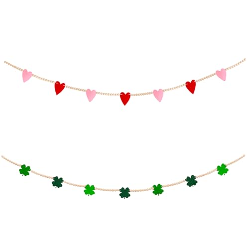 Image of 2 Pcs Valentine's Day St. Patrick's Day Wood Bead Garland Valentine's Day Felt Heart Banner St. Patrick Day Shamrock Banner Garland for Mantle Fireplace Room Valentine St. Patrick's Hanging Decor