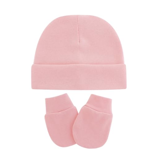 Wxllzlife Newborn Hats Mittens Set,Soft Toddler Hats for Boys and Girls, Cute Baby Girls Boys Cotton Beanie hat Gloves, Unisex Baby Infant Caps for 0-6 Months Pink