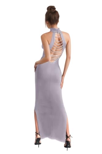 Long Satin Halter Mermaid Bridesmaid Dresses for Women 2025 Beaded Sexy Strappy Gown Slit Plus Size Silver 20 JA0303