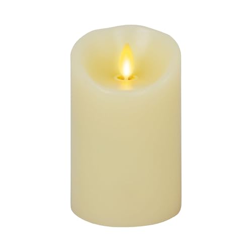 Image of Luminara Realistic Moving Flame LED Candle Scalloped Edge Smooth Finish Real Wax Pillar, Vanilla Honey Scented, Timer - Ivory (3 inch x 4.5 inch)