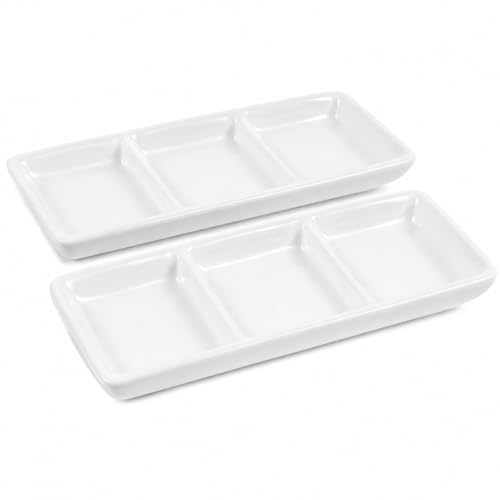 Image of Healeved 2-Pack Ceramic Appetizer Serving Tray Set 3-Compartment Rectangular Divided Sauce Dishes for Soy Sauce Dips Condiments 11.81X4.96X1.96 Inch
