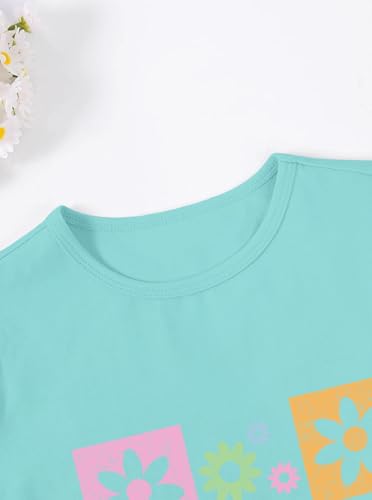 Image of Girls Graphic Tees Summer Short Sleeve Tops Casual Cute Flower Shirt Green 7-8 Years