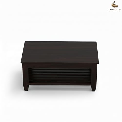 Image of Solid Sheesham Wood Coffee Table for Living Room | Wooden Rectangle Coffee /Tea Table with Storage |Center Table with Storage Teapoye for Home, Living Room, Balcony (Walnut Finish)