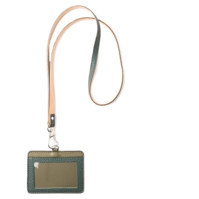 国産牛革のIDカードケース(ダークグリーン)兵庫県たつの市産 ネックストラップ付き 革製品のHEDG