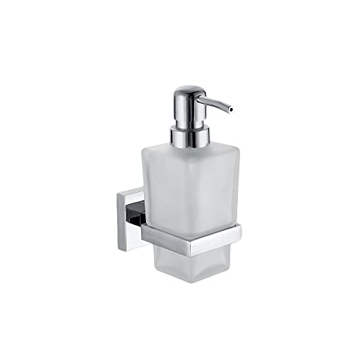 ECOSPA Wall Mounted Frosted Glass Soap Dispensor and Chrome Holder with a Smooth Action Pump, Easy to Fill Bottle. This will add some Elegance and Class to your Bathroom.